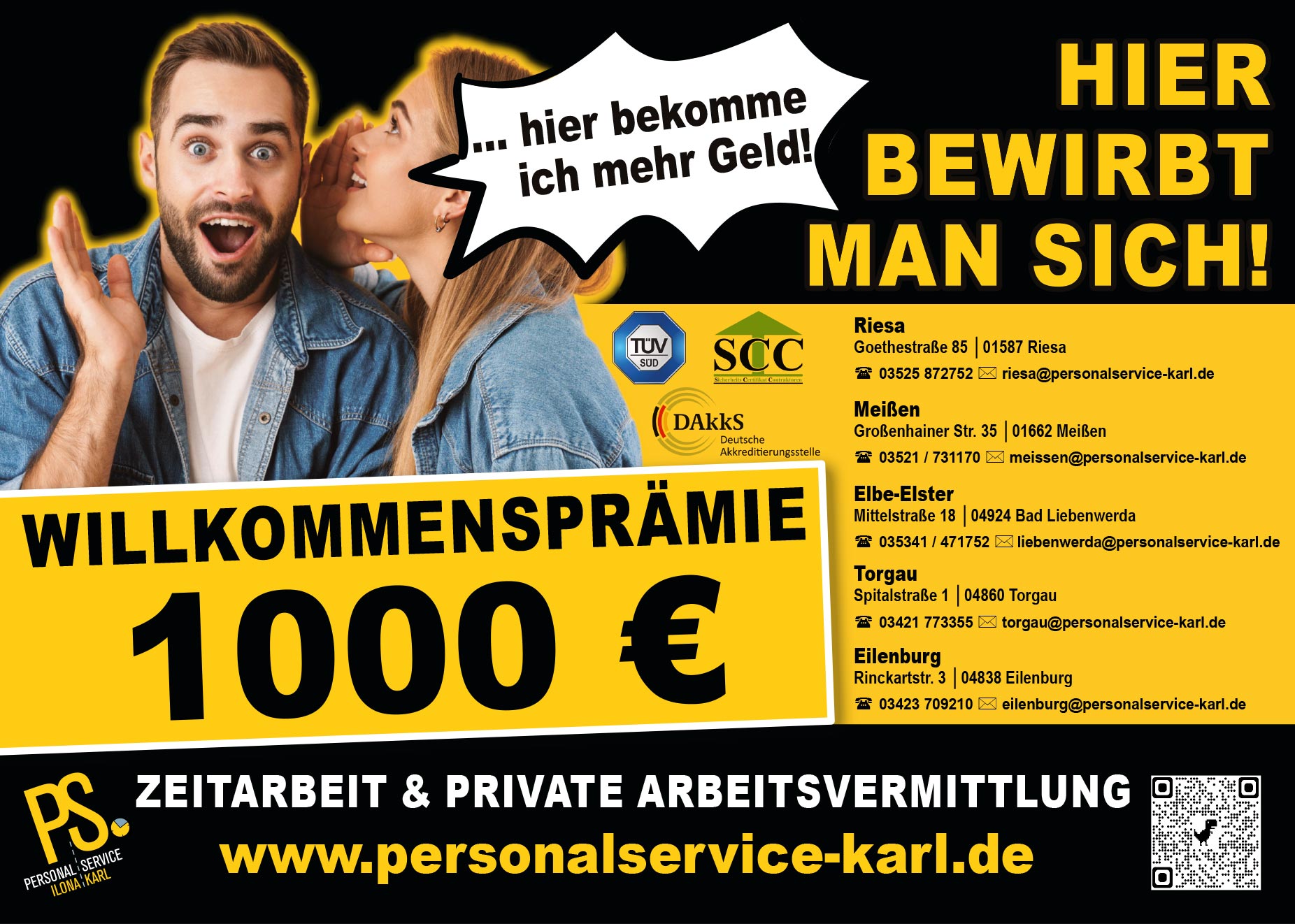 1000 Euro Willkommensprämie bei Personalservice Ilona Karl